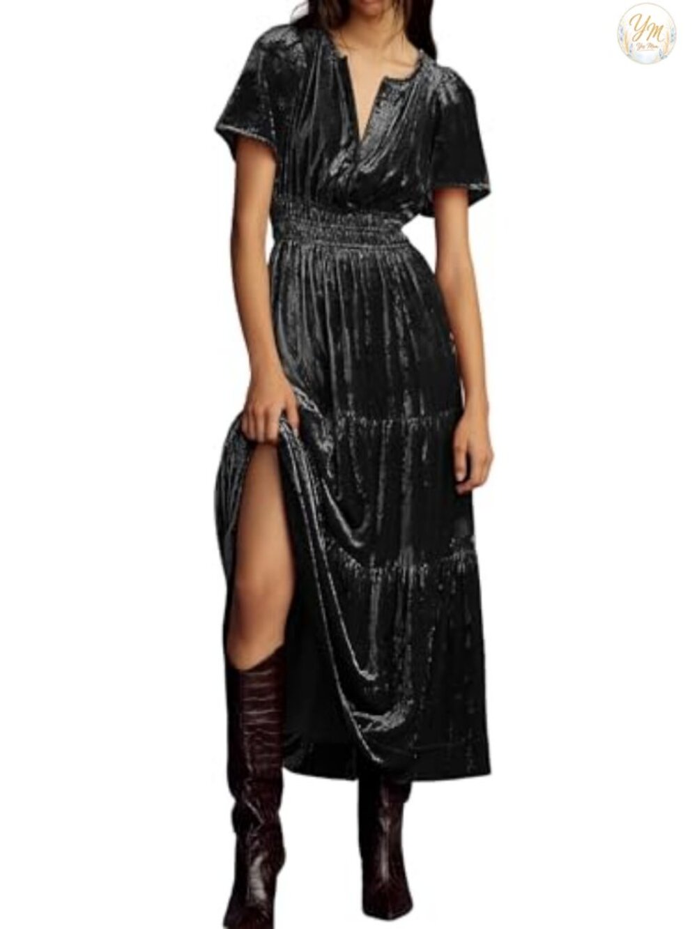 Women's Velvet Elastic Waist Maxi Dress A-Line Ruffle Formal